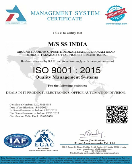 ISO 9001:2015 certificate issued to M/S SS India